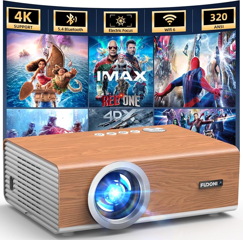 FUDONI Projector with WiFi and Bluetooth, Electric Focus, 320ANSI Brig