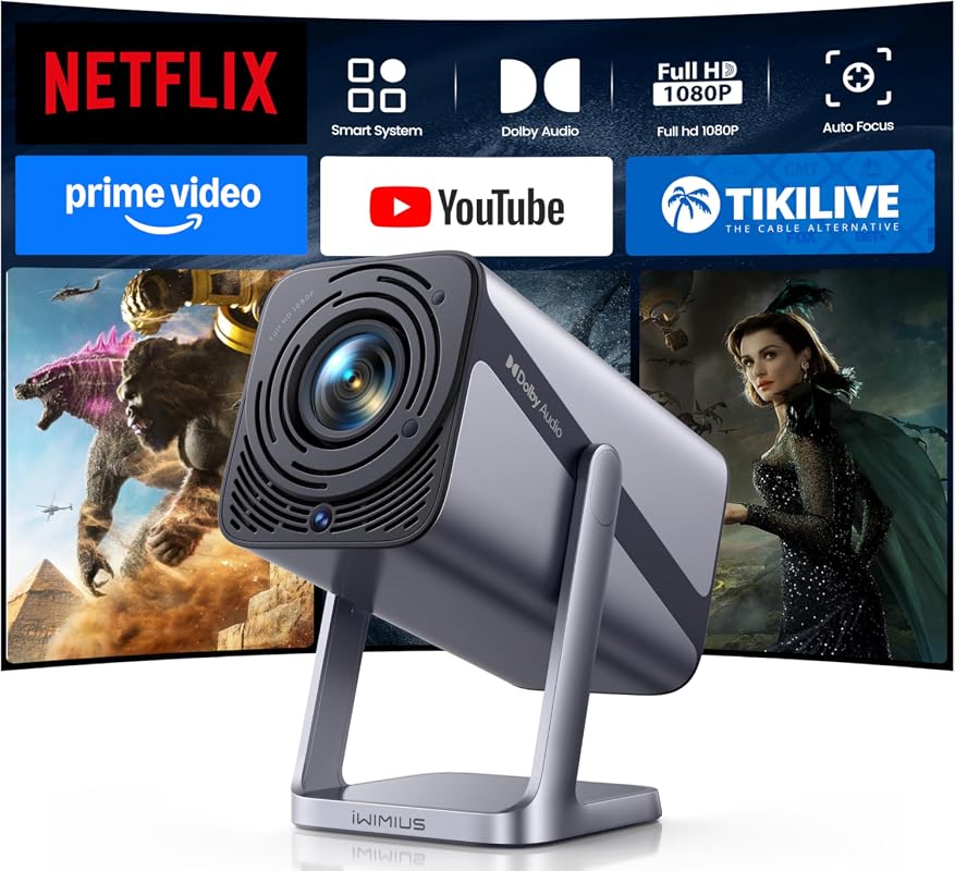iWIMIUS Smart Projector with WiFi 6, Bluetooth, 4K, Auto Focus, Dolby Audio, 360° Stand