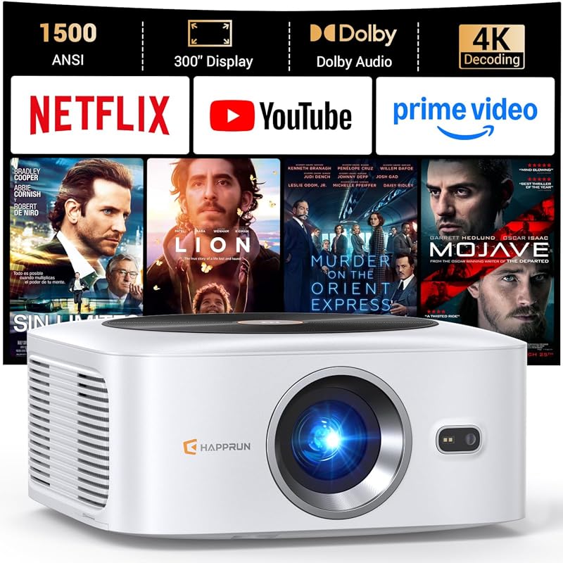 HAPPRUN 1500 ANSI Outdoor Projector, 4K Decoding, Auto Focus, Dolby Au