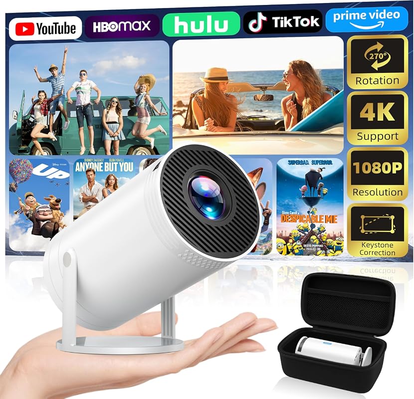Native 1080P Portable Mini Projector with Case, 4K Support, 270° Rotat