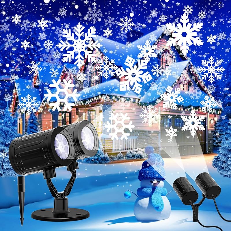 Upgraded Double Head Snowflake Projector Outdoor, IP65 Waterproof, 360