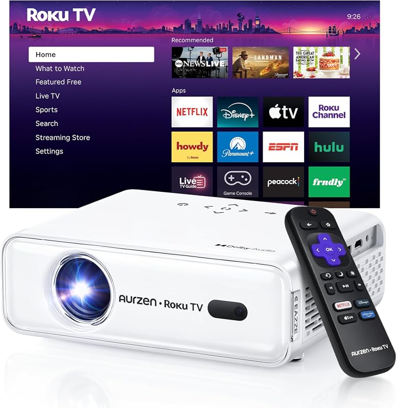 Aurzen Roku TV Smart Projector, 1080P FHD Bluetooth WiFi Movie Project