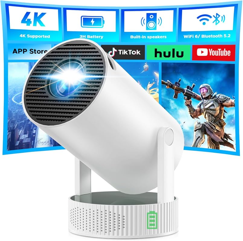Portable Mini Projector with WiFi Bluetooth - 4K 1080P Support, Built-