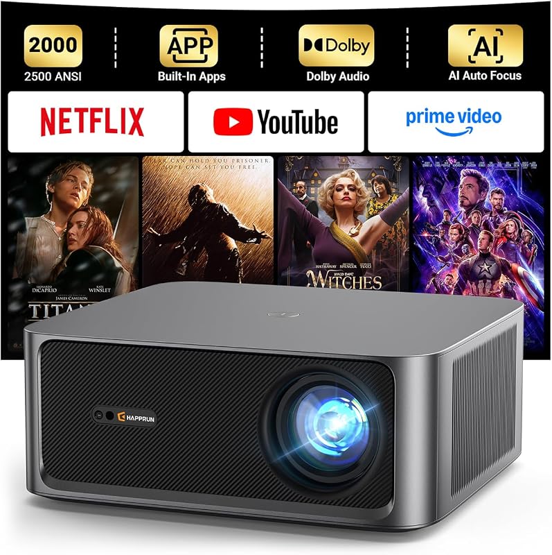 HAPPRUN 2500 ANSI Lumens Outdoor Projector, 4K Decoding, Built-in Apps