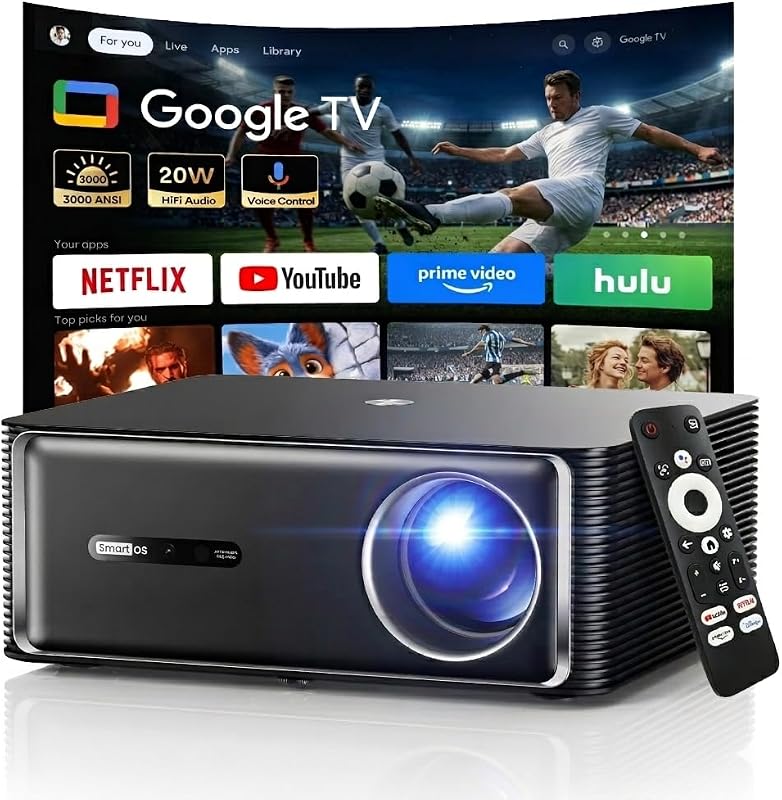 4K Smart Projector with WiFi Bluetooth, 3000 ANSI, Google TV, Auto Foc