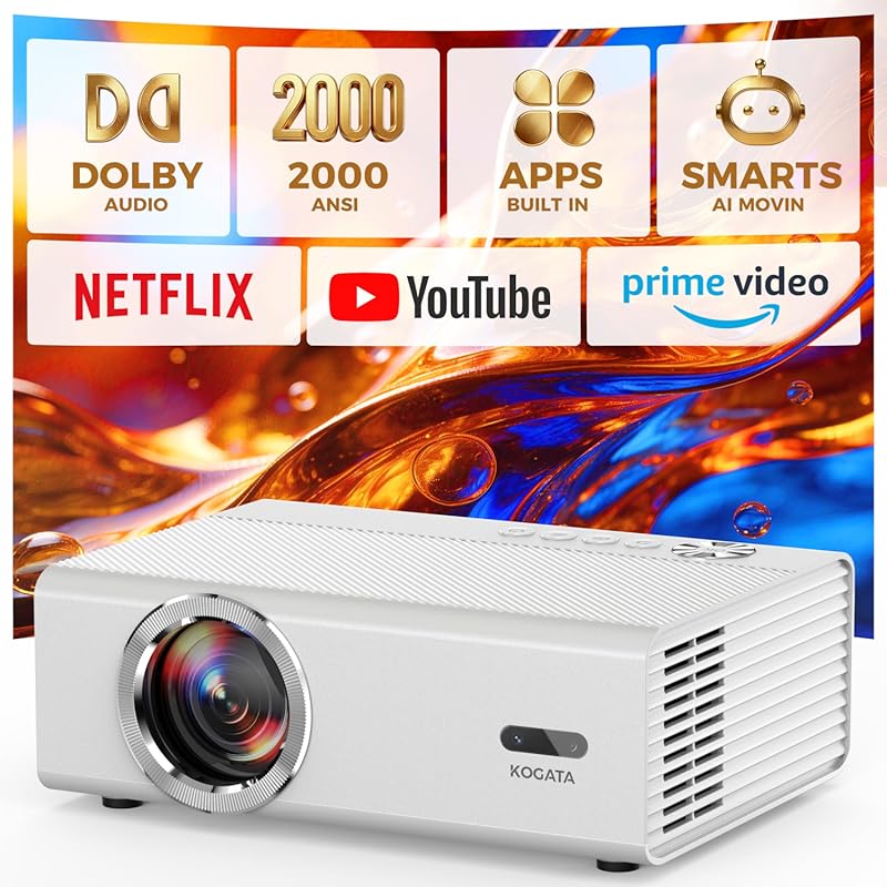 Kogata Smart Projector WiFi Bluetooth, 4K Support, AI Auto Focus, Dolb