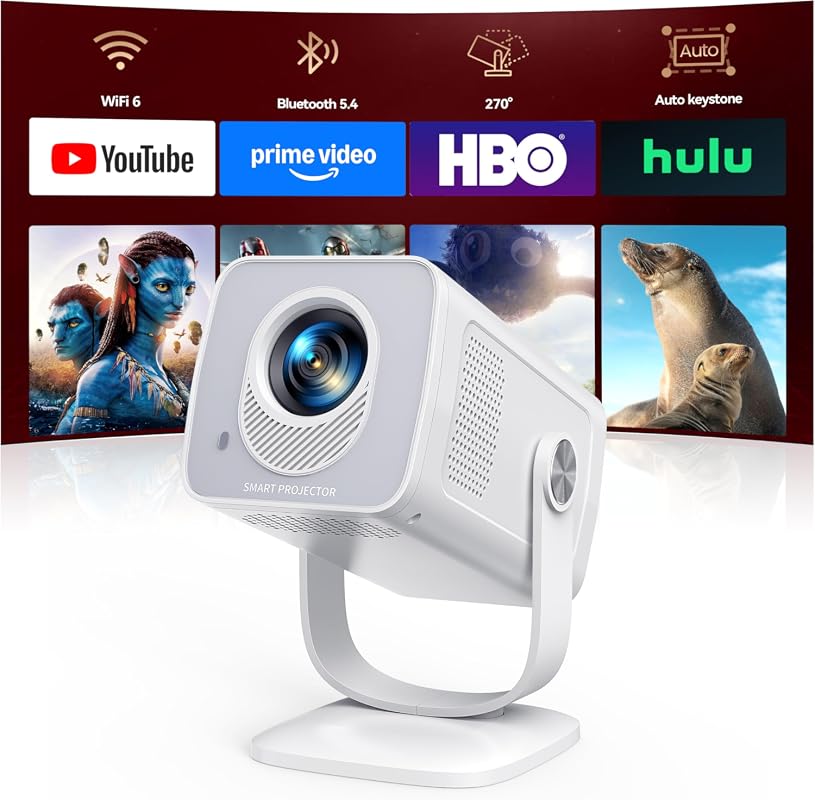 Mini Projector WiFi 6 Bluetooth 5.4 Android 14 Built-in Apps 1080P 4K 